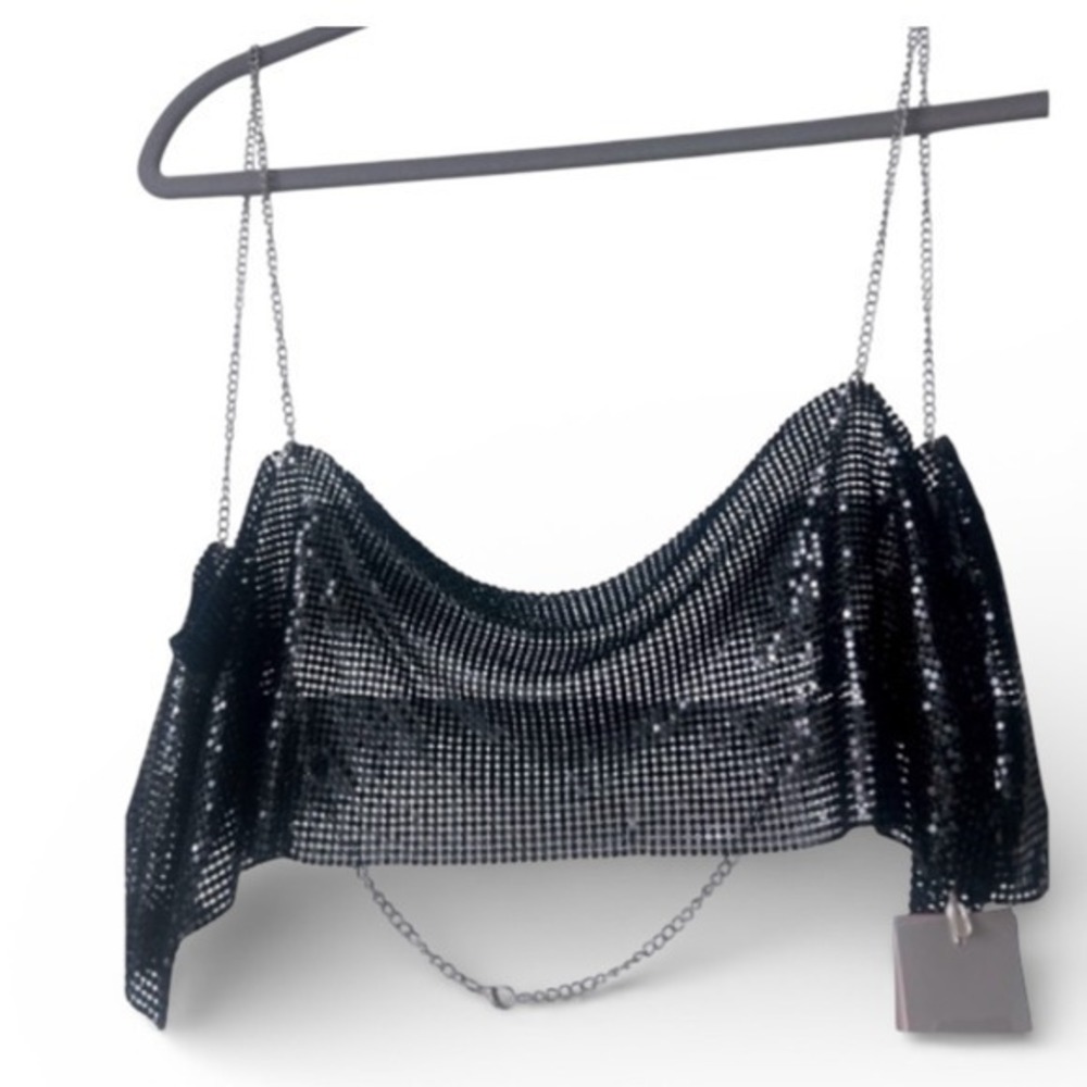 NWT Da Veamor Black Chainmail Crop Top Cowl Neck Silver Chain Straps Festival M‎